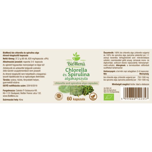 BioMenü bio Chlorella si Spirulina Alga capsule 60 buc etichetă