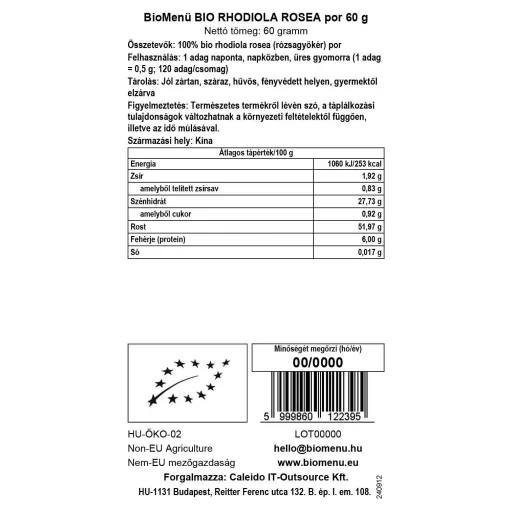 BioMenü bio Rhodiola Rosea pudră 60 g etichetă cu date