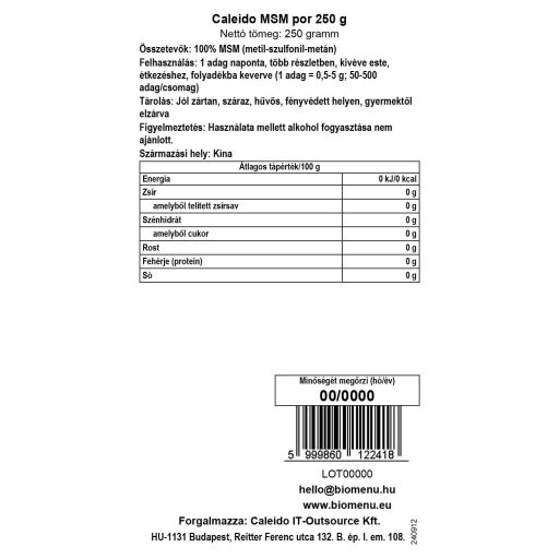 Caleido MSM pudră 250 g etichetă cu date