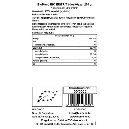BioMenü bio Eritritol îndulcitor 250 g etichetă cu date