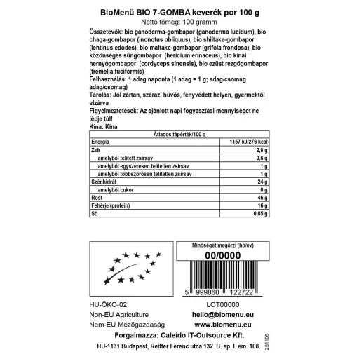 BioMenü bio mix de 7-Ciuperci pudră 100 g etichetă cu date