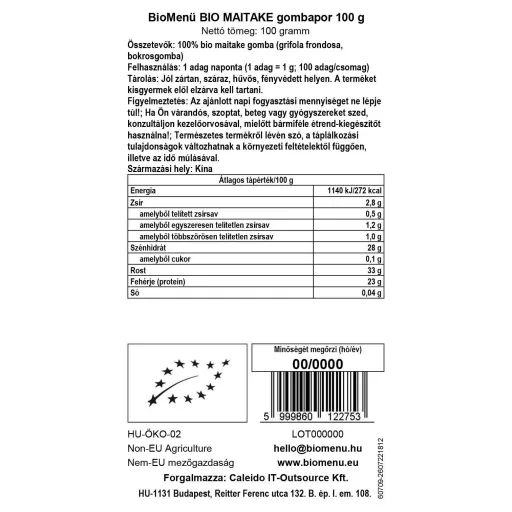 BioMenü Bio Maitake ciupercă pudră 100 g etichetă cu date