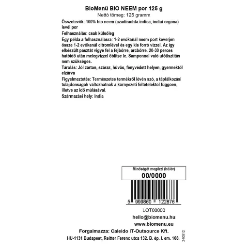 BioMenü bio Neem pudră 125 g etichetă cu date