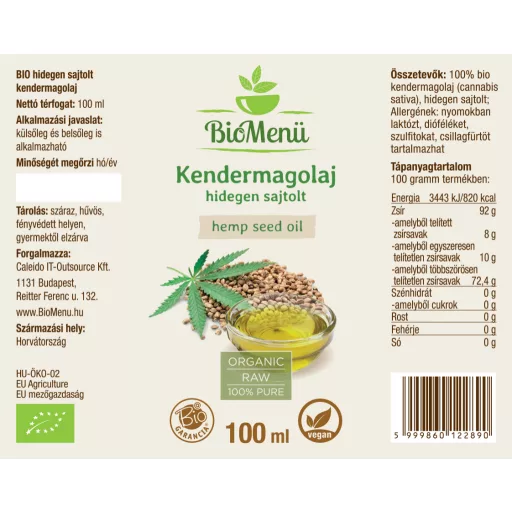 BioMenü BIO KENDERMAGOLAJ 100 ml címke