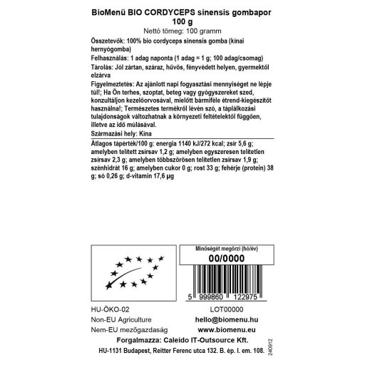 BioMenü Bio Cordyceps sinensis ciupercă pudră 100 g etichetă cu date