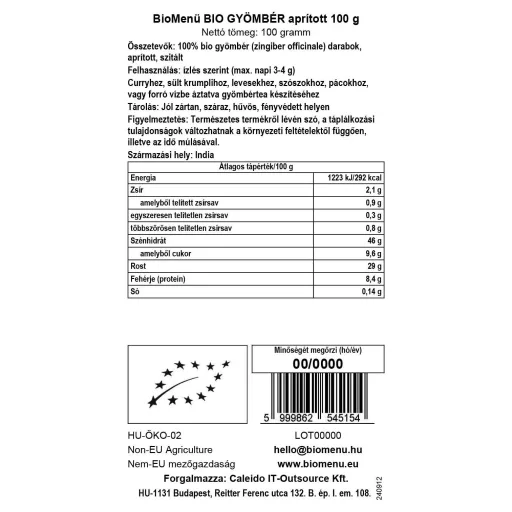 BioMenü Bio Ghimbir tocat 100 g etichetă cu date