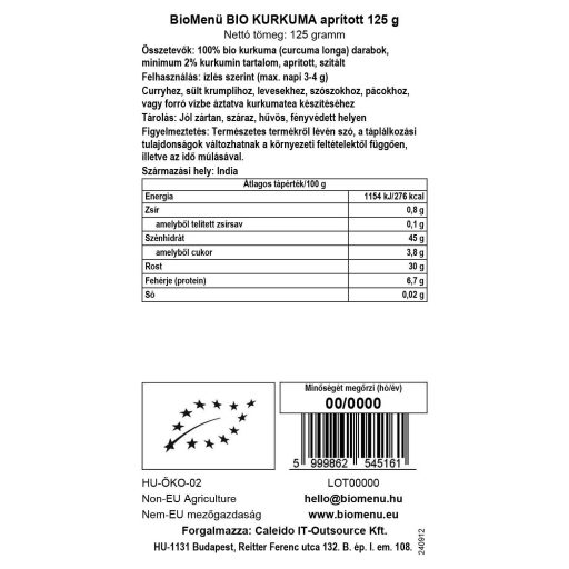 BioMenü Bio Turmeric (Curcuma) tocat 125 g etichetă cu date