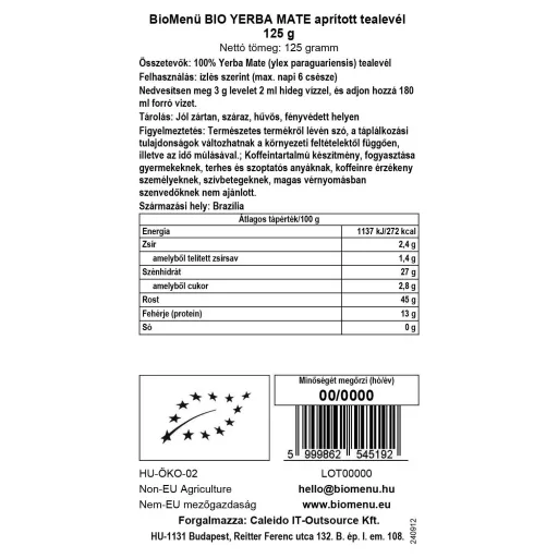 BioMenü Bio Yerba Mate frunze de ceai 125 g etichetă cu date