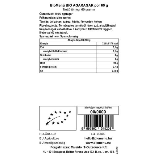 BioMenü Bio Agar-agar pudră 60 g  etichetă cu date