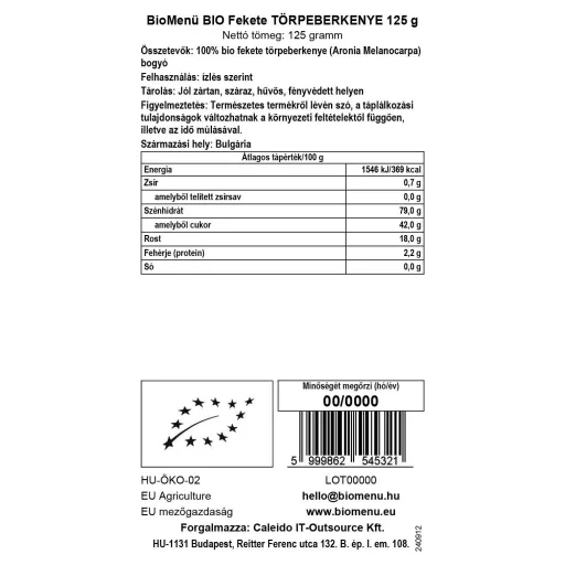 BioMenü Bio Aronia 125 g etichetă cu date