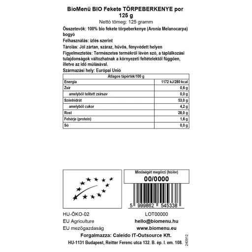 BioMenü Bio Aronia pudră 125 g etichetă cu date