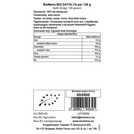 BioMenü Bio Curmale pudră 125 g etichetă cu date