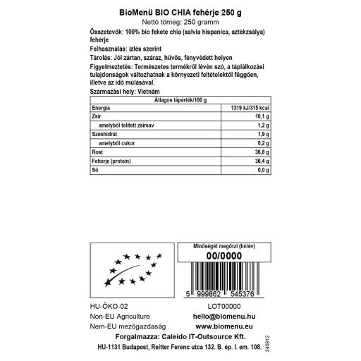 BioMenü Bio Chia Proteine ​​250 g etichetă cu date