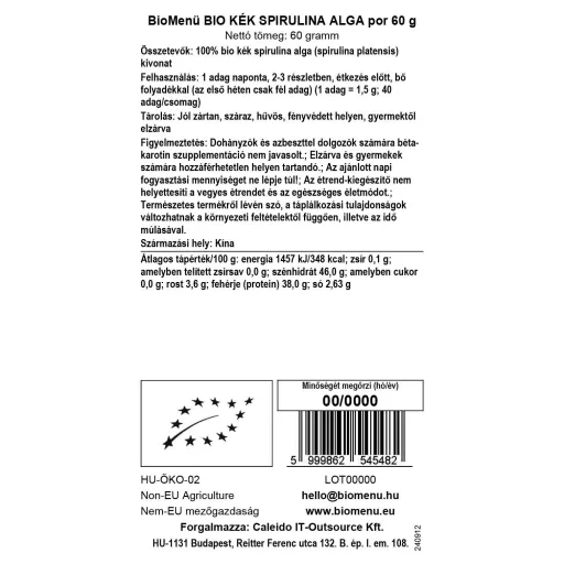 BioMenü Bio Albastru Spirulina Alga pulbere 60 g etichetă cu date