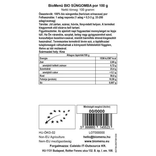 BioMenü Bio CIUPERCĂ COAMA LEULUI pulbere 100 g etichetă cu date