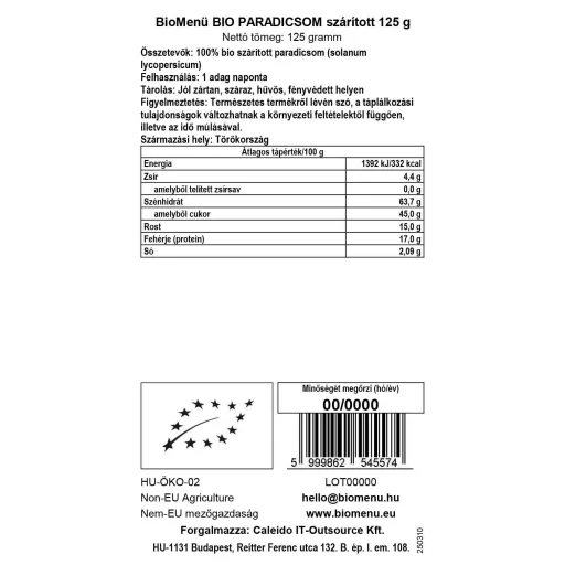 BioMenü Bio Roșii, Uscate 125 g etichetă cu date