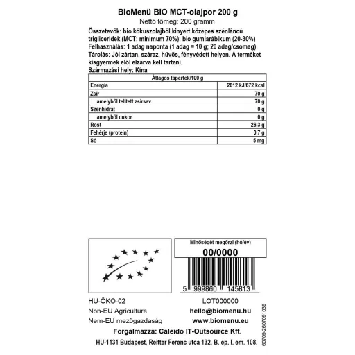 BioMenü organic MCT pudră de ulei 200 g etichetă cu date