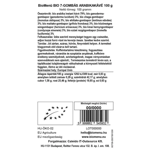BioMenü Bio cu 7 Ciuperci Cafea Arabica 100 g etichetă cu date